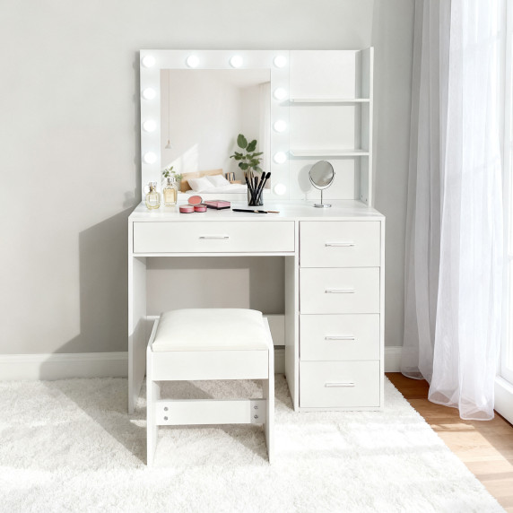 Masa de toaletă cu oglindă și iluminare + taburet AGA MRDT22 – alb