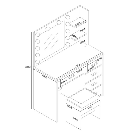 Masa de toaletă cu oglindă și iluminare + taburet AGA MRDT22 – alb