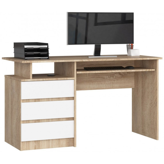 Birou cu 3 sertare și raft extensibil pentru tastatură - 135 cm - AKORD CLP - stejar sonoma/alb