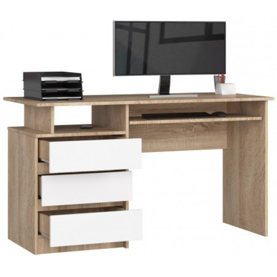 Birou cu 3 sertare și raft extensibil pentru tastatură - 135 cm - AKORD CLP - stejar sonoma/alb