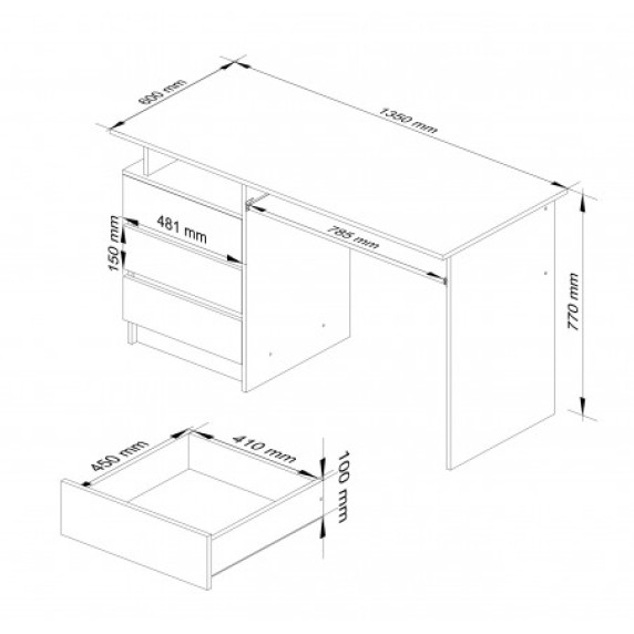Birou cu 3 sertare și raft extensibil pentru tastatură - 135 cm - AKORD CLP - stejar sonoma/alb