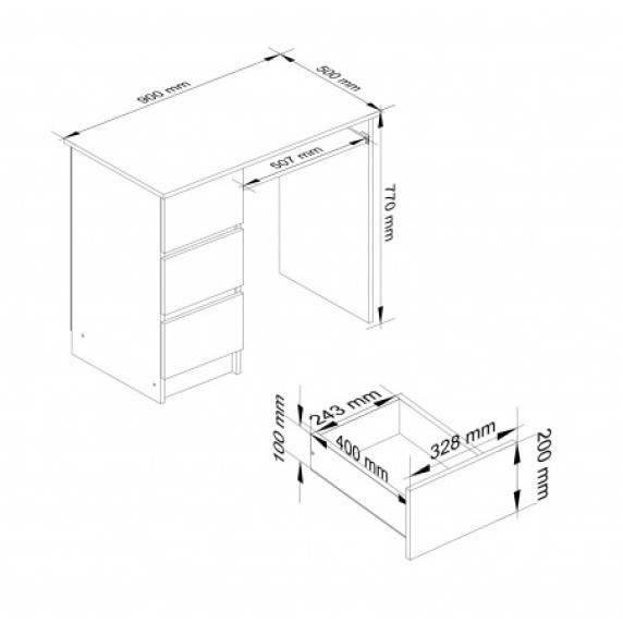 Íróasztal 3 fiókkal balos 90 cm AKORD CLP A-6 - fehér/sonoma tölgy