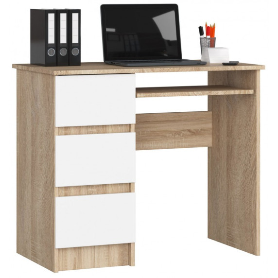 Písací stôl ľavý s 3 zásuvkami 90 cm AKORD CLP A-6 - dub sonoma/biely