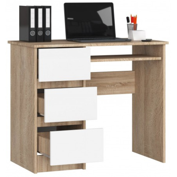 Písací stôl ľavý s 3 zásuvkami 90 cm AKORD CLP A-6 - dub sonoma/biely
