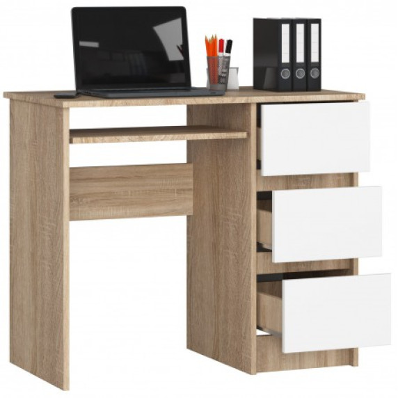 Písací stôl pravý s 3 zásuvkami 90 cm AKORD CLP A-6 - dub sonoma/biely