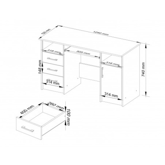 Birou cu sertare, dulap și raft extensibil pentru tastatură - 124 x 74 x 52 cm - AKORD ANA - wenge/stejar sonoma