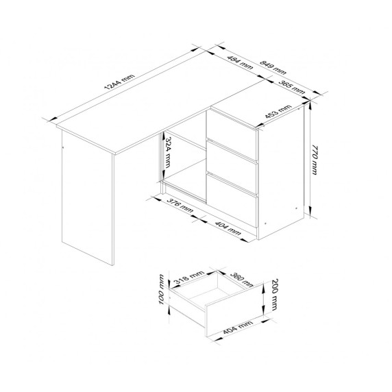 Rohový písací stôl pravý 124,5 x 77 x 85 cm Inlea4Home B16 CLP PRAWE - biela