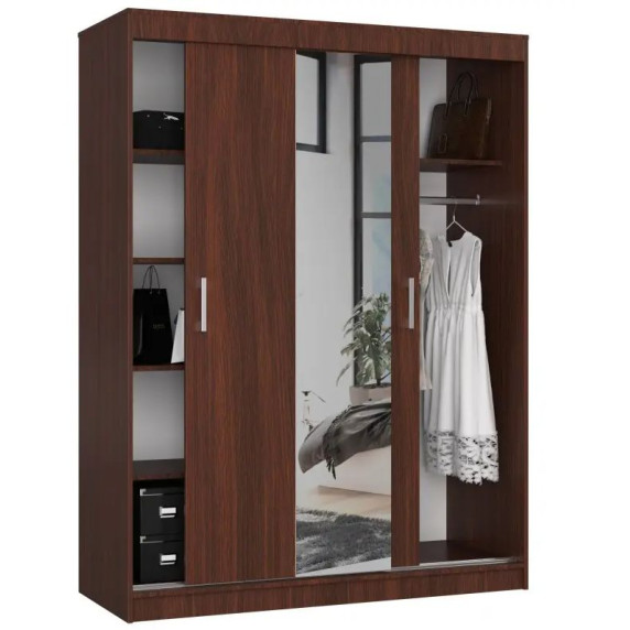 Šatníková skriňa s posuvnými dverami a zrkadlom 150 x 200 x 60 cm AKORD CLP - wenge