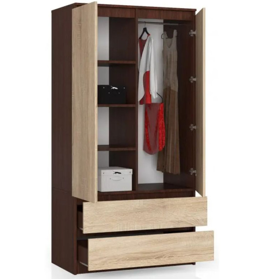 Kétajtós szekrény 2 fiókkal AKORD 90 cm  - Wenge/sonoma tölgy