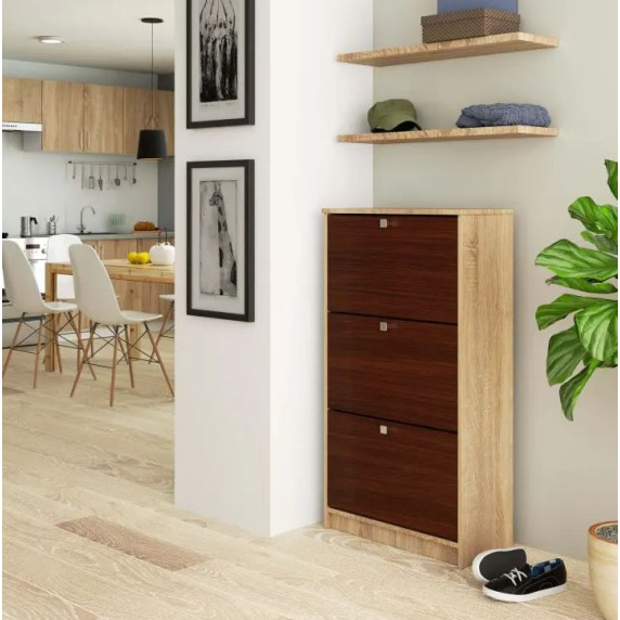 Dulap pantofi cu 3 compartimente - 60 x 113 x 28,5 cm - Sonoma /Wenge