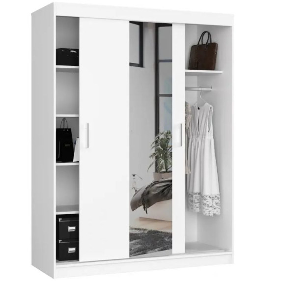 Șifonier cu uși glisante și oglindă - 150 cm - alb