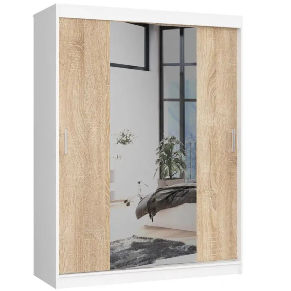 Šatníková skriňa s posuvnými dverami a zrkadlom 150 x 200 x 60 cm AKORD CLP - biela/dub sonoma