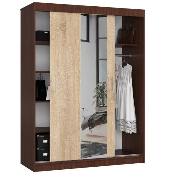Dulap cu usă glisantă și oglindă - 150 cm - wenge/stejar sonoma