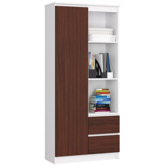 Policová skriňa s regálmi a zásuvkami AKORD R11 R80 1D 2SZ CLP - biela/wenge