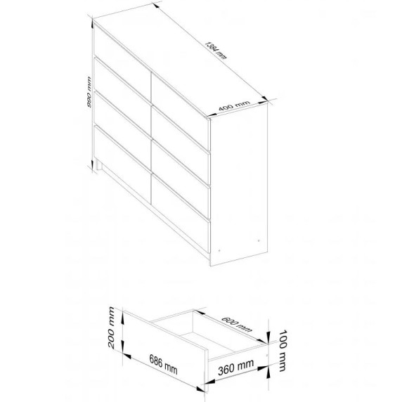 Komód 8 fiókos 138x99x40 cm Inlea4Home K138 8SZ CLP - fehér