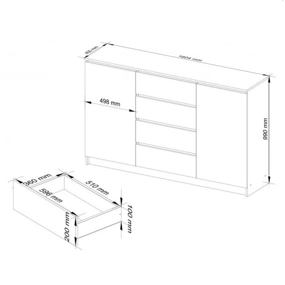 Komoda 2d4s 160 x 99 x 40 cm Inlea4Home K160 2D 4SZ CLP - biela