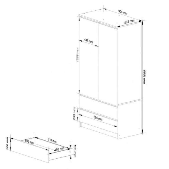 Kétajtós szekrény 2 fiókkal AKORD 90 cm  - Fehér