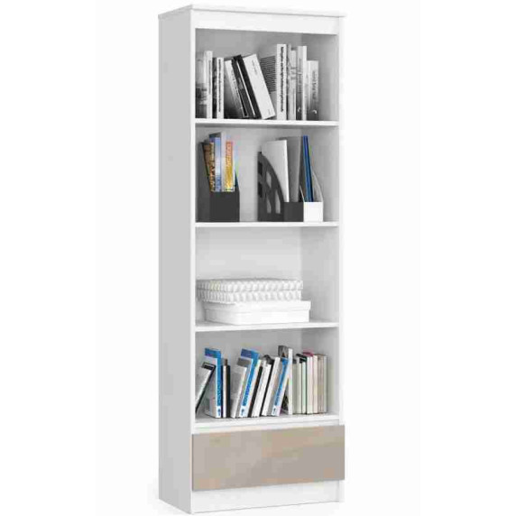 Regál so zásuvkou a 4 policami 60 x 180 x 35 cm AKORD R60 1SZ 4P CLP POLYSK  - biely/capuccino vysoký lesk