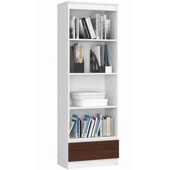 Regál so zásuvkou a 4 policami 60 x 180 x 35 cm AKORD R60 1SZ 4P CLP - biely/wenge