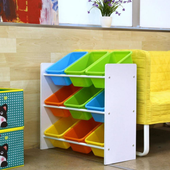 Játéktároló állvány műanyag rekesszel - multicolor