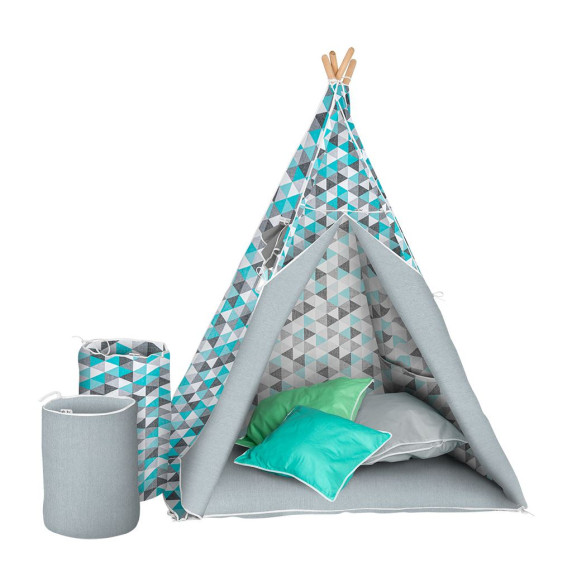 Detský luxusný stan s výbavou Teepee Akuku - Sivo/modrý