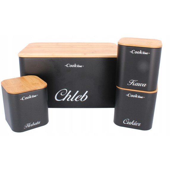 Cutie pentru pâine cu capac din bambus + cutie pentru ceai, cafea, zahăr - Cook Line RAFANO - negru