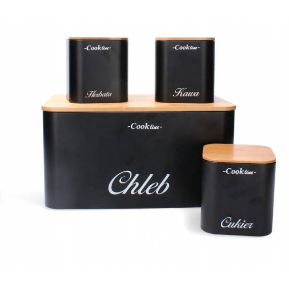 Cutie pentru pâine cu capac din bambus + cutie pentru ceai, cafea, zahăr - Cook Line RAFANO - negru