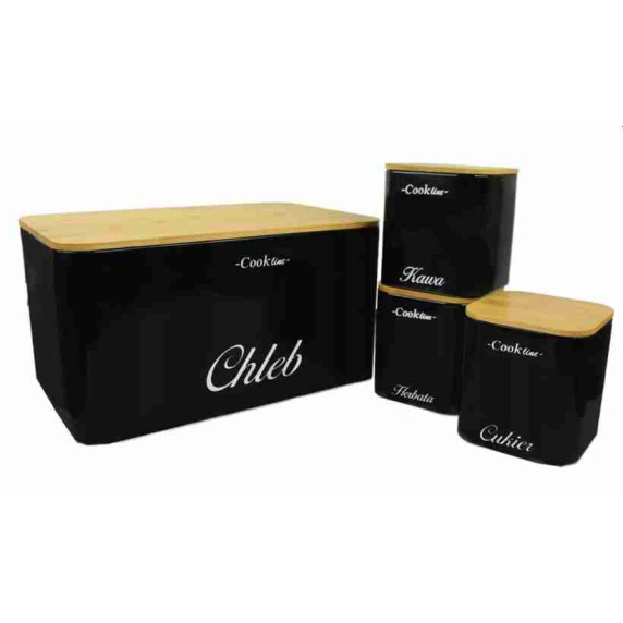 Cutie pentru pâine cu capac din bambus + cutie pentru ceai, cafea, zahăr - Cook Line RAFANO - negru