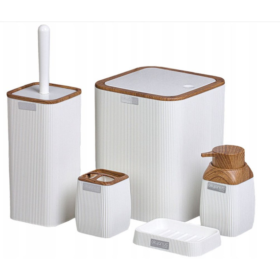 Set accesorii pentru baie - 5 buc – alb/imitație lemn 