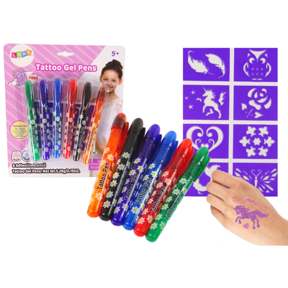 Tatuaj cu sclipici, pixuri gel cu sclipici și șablon - Inlea4Fun TATTOO GEL PENS