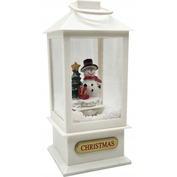 LED zenélő, világító és hóesést imitáló karácsonyi lámpás 9 x 9 x 23 cm - fehér