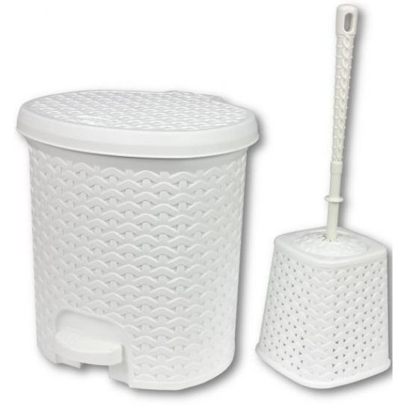 Rattan hatású pedálos szemetes, 5,5 l és WC kefe Inlea4Home - fehér