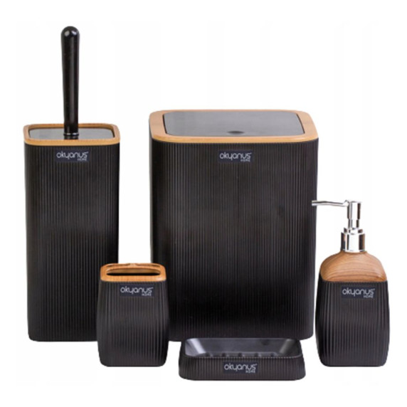 Set accesorii pentru baie - 5 buc –negru/imitație lemn 