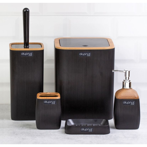 Set accesorii pentru baie - 5 buc –negru/imitație lemn 