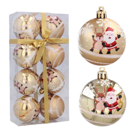 Karácsonyfa dísz szett 8 darab gömb 6 cm Inlea4Fun - Arany/Mikulás rénszarvassal