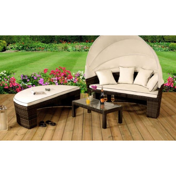 Kör alakú luxus rattan nyugágy árnyékolóval és kisasztallal InGarden MALIBU