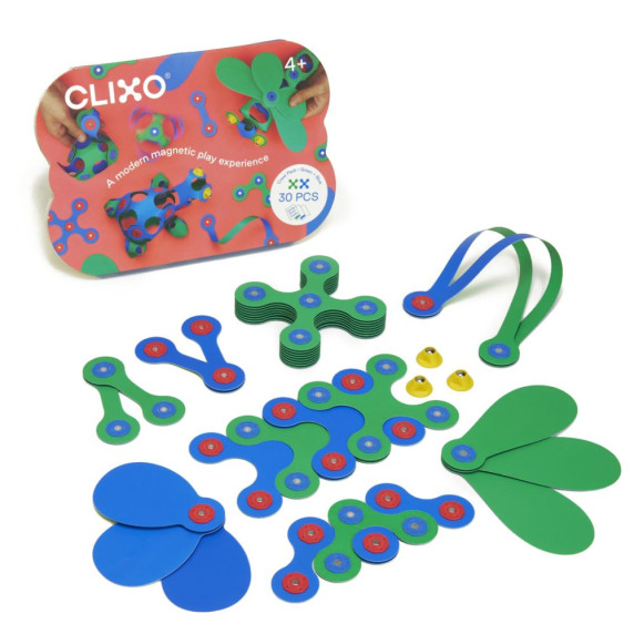 Mágneses építőjáték 30 darabos CLIXO Crew Pack - Kék/zöld
