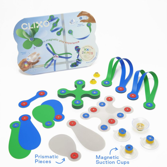 Mágneses építőjáték 24 darabos CLIXO Grip and Stick - kék/zöld/fehér