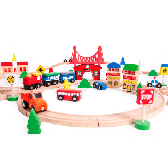 Fa vasútpálya szett kiegészítőkkel  90 db ECOTOYS
