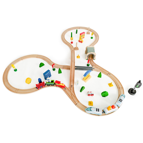 Fa vasútpálya szett kiegészítőkkel 69 db ECOTOYS