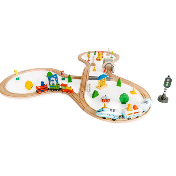 Fa vasútpálya szett kiegészítőkkel 69 db ECOTOYS