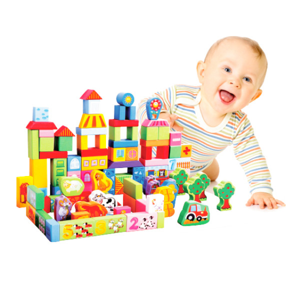Cuburi colorate din lemn - 100 buc - ECOTOYS