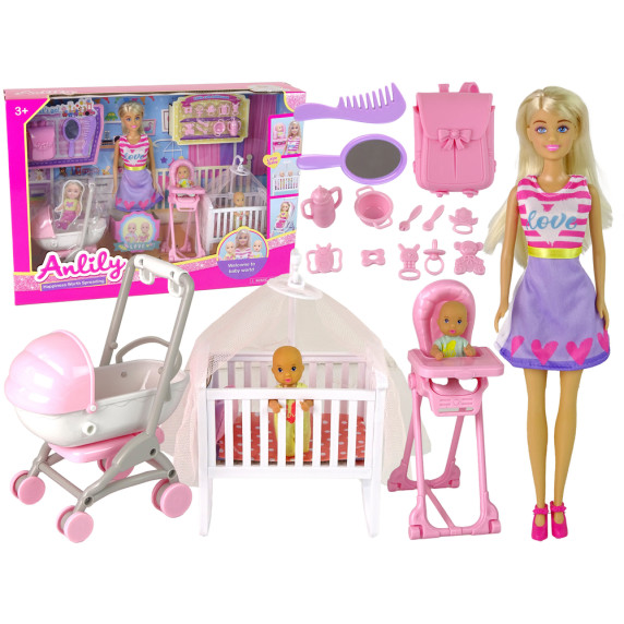 Set păpușă - mama și bebelușul în camera copilului, cu multe accesorii - Anlily