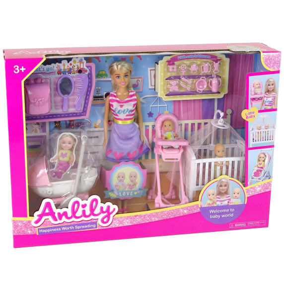 Set păpușă - mama și bebelușul în camera copilului, cu multe accesorii - Anlily