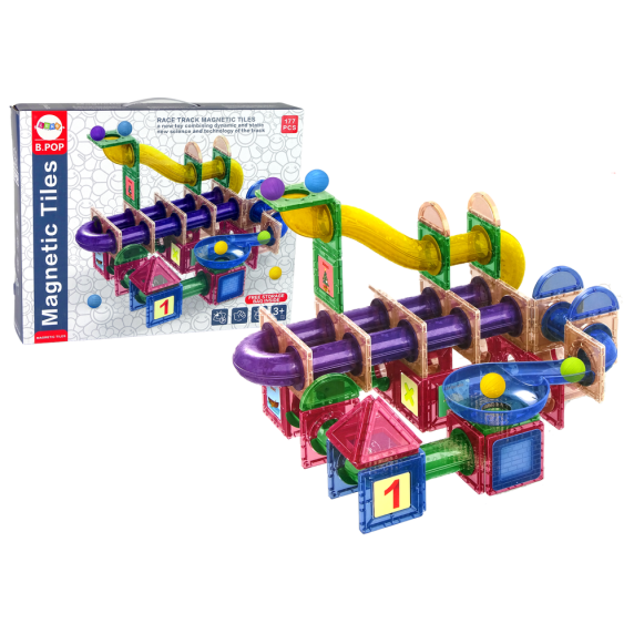 Magnetická stavebnica guľôčková dráha 177 kusov Inlea4Fun MAGNETIC TILES