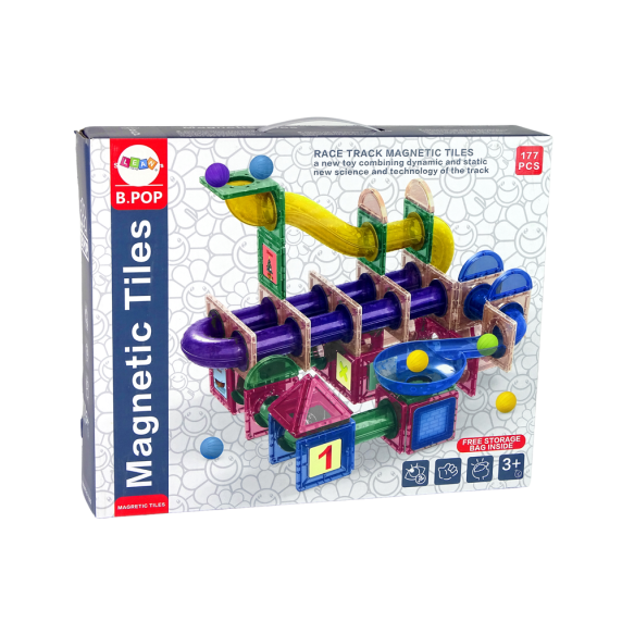 Magnetická stavebnica guľôčková dráha 177 kusov Inlea4Fun MAGNETIC TILES