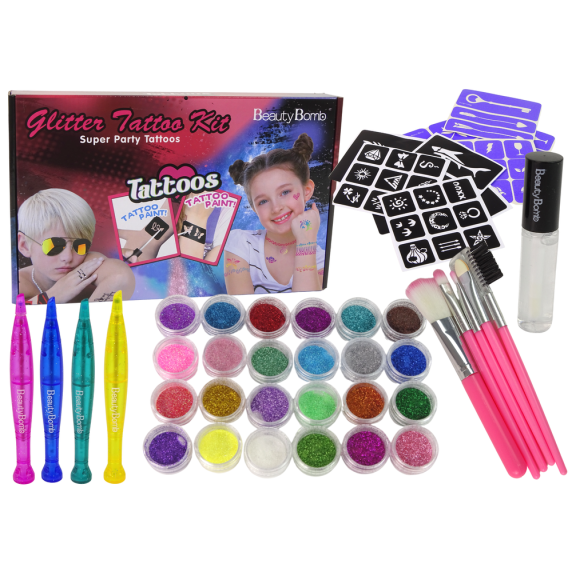 Tetováló készlet gyerekeknek 24 csillogó stencil Inlea4Fun GLITTER TATTO KIT