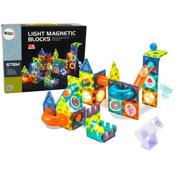 Mágneses építőjáték 75 db Inlea4Fun LIGHT MAGNETIC BLOCKS - Golyós csúszda