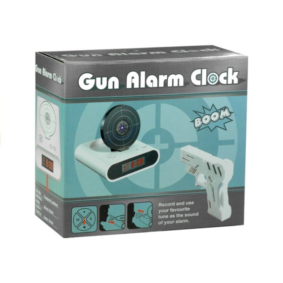 Budík s laserovou pištoľou a terčom Inlea4Fun GUN ALARM CLOCK - čierna
