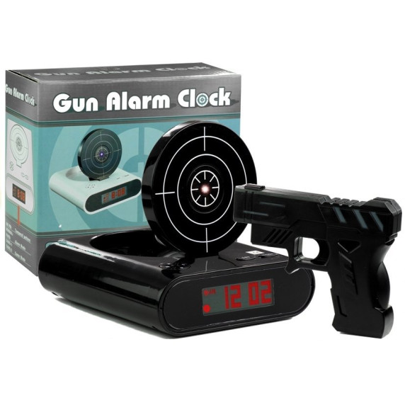 Budík s laserovou pištoľou a terčom Inlea4Fun GUN ALARM CLOCK - čierna